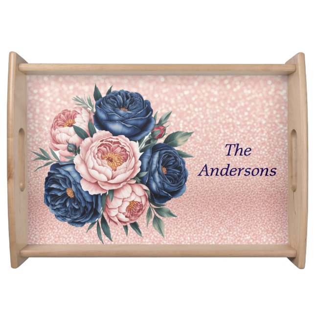 Navy Blue and Rose Gold Floral Serving Tray (Front)