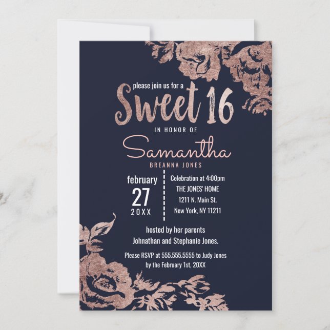 Navy Blue and Rose Gold Floral Sweet 16 Invitation (Front)