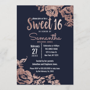 Navy Blue and Rose Gold Floral Sweet 16 Invitation