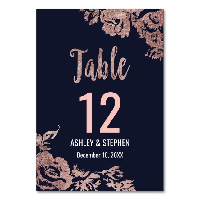 Navy Blue and Rose Gold Floral Table Numbers (Front)