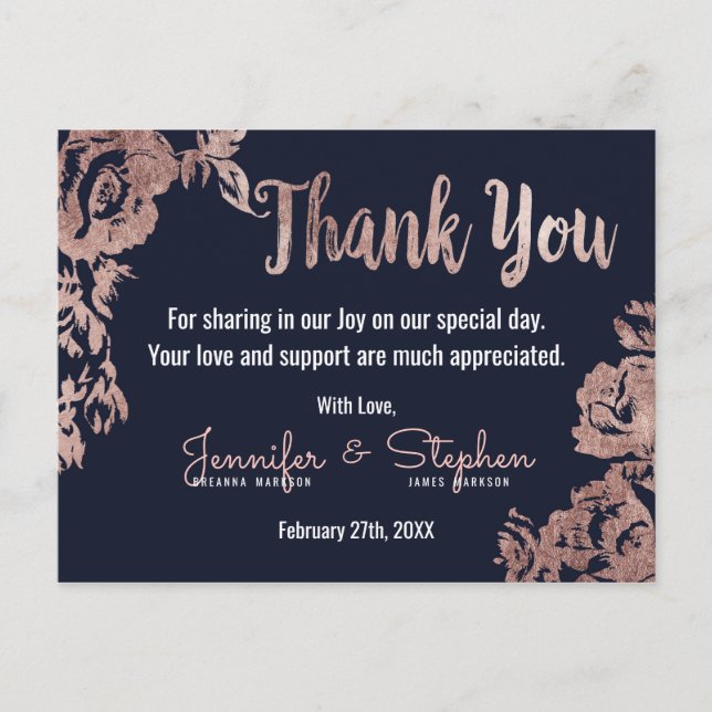 Navy Blue and Rose Gold Floral Thank You Postcard (Front)