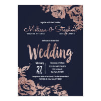 Navy Blue and Rose Gold Floral Wedding Card