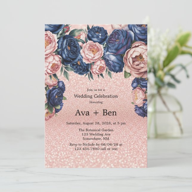 Navy Blue and Rose Gold Floral Wedding Celebration Invitation (Standing Front)