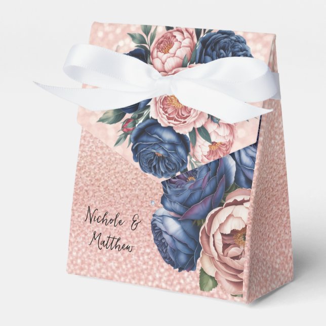 Navy Blue and Rose Gold Floral Wedding  Favor Boxes (Front Side)