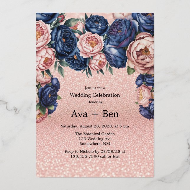 Navy Blue and Rose Gold Floral Wedding Foil Invitation (Front)