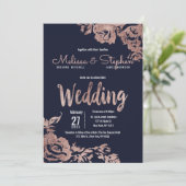Navy Blue and Rose Gold Floral Wedding Invitation (Standing Front)