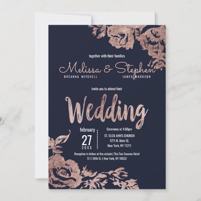 Navy Blue and Rose Gold Floral Wedding Invitation (Front)