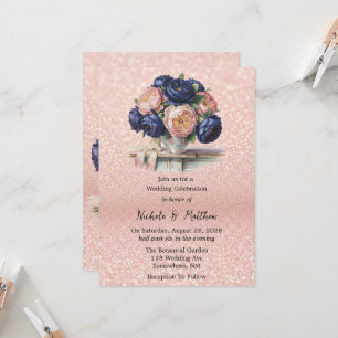 Navy Blue and Rose Gold Floral Wedding Invitation