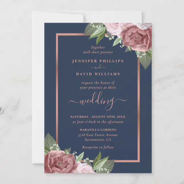 Navy Blue and Rose Gold Floral Wedding Invitations | Zazzle