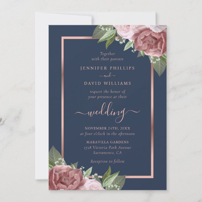 Navy Blue and Rose Gold Floral Wedding Invitations (Front)