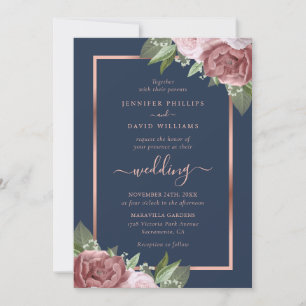 Navy Blue and Rose Gold Floral Wedding Invitations