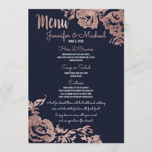 Navy Blue and Rose Gold Floral Wedding Menu