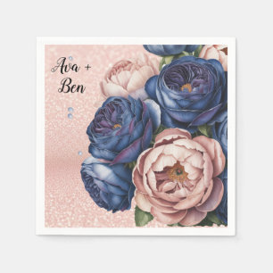 Navy Blue and Rose Gold Floral Wedding  Napkins