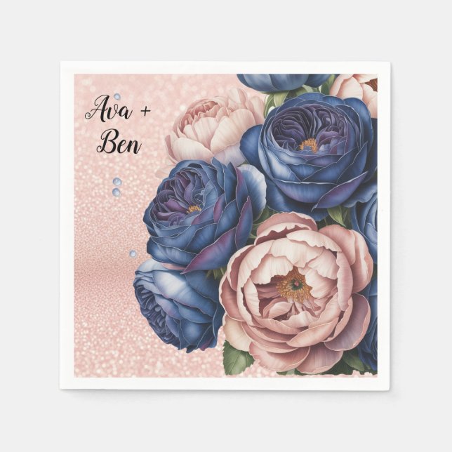 Navy Blue and Rose Gold Floral Wedding  Napkins (Front)