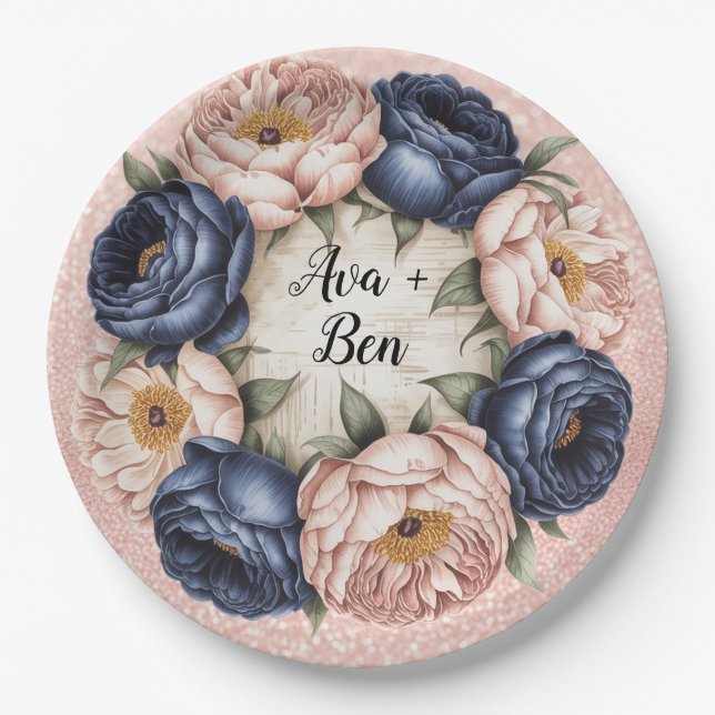 Navy Blue and Rose Gold Floral Wedding  Paper Plates (Front)