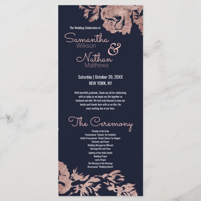 Navy Blue and Rose Gold Floral Wedding Program (Front)
