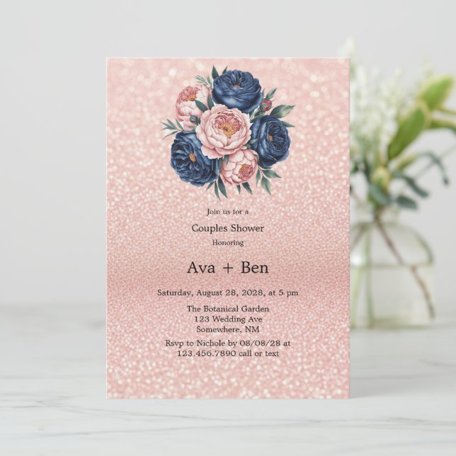 Navy Blue and Rose Gold Floral Wedding Shower Invitation (Standing Front)