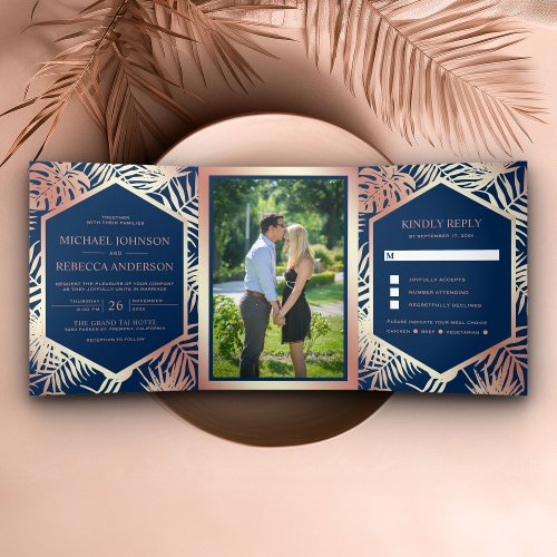 Navy Blue and Rose Gold Foil Tropical Palm Wedding Tri_Fold Invitation