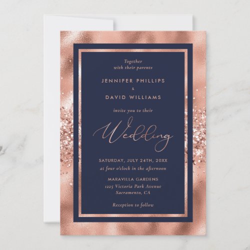 Navy Blue and Rose Gold Glitter Confetti Wedding Invitation