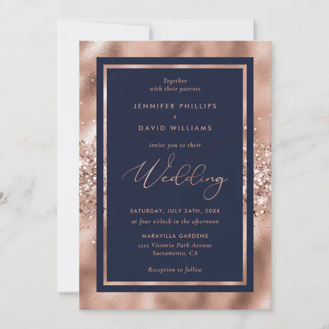 Navy Blue and Rose Gold Glitter Confetti Wedding Invitation | Zazzle