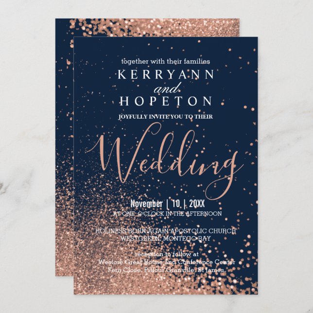 Navy Blue and Rose Gold Glitter  Invitation (Front/Back)
