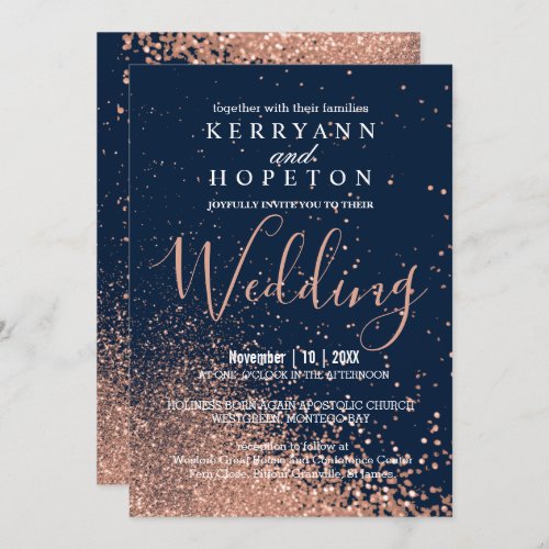 Navy Blue and Rose Gold Glitter  Invitation