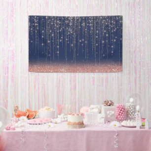 Navy Blue and Rose Gold Glitter Sparkle Backdrop Banner
