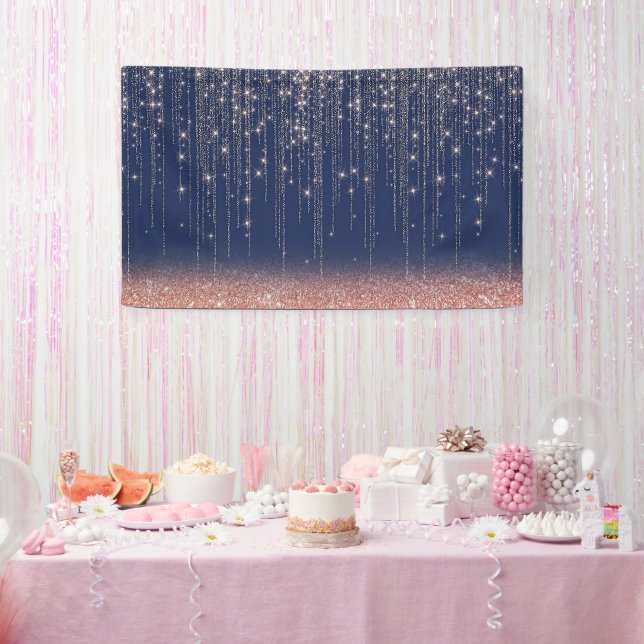  Navy Blue and Rose Gold Glitter Sparkle Backdrop Banner (Party)