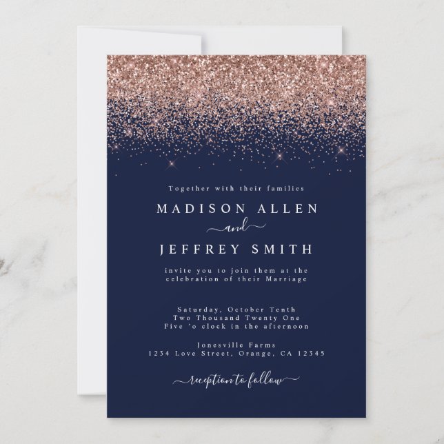 Navy Blue and Rose Gold Glitter Wedding Invitation (Front)