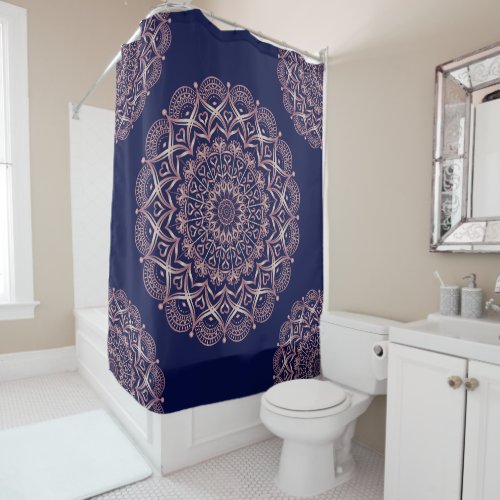 Navy Blue and Rose Gold Mandala Boho Shower Curtain