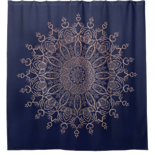Navy Blue and Rose Gold Mandala Boho Shower Curtain