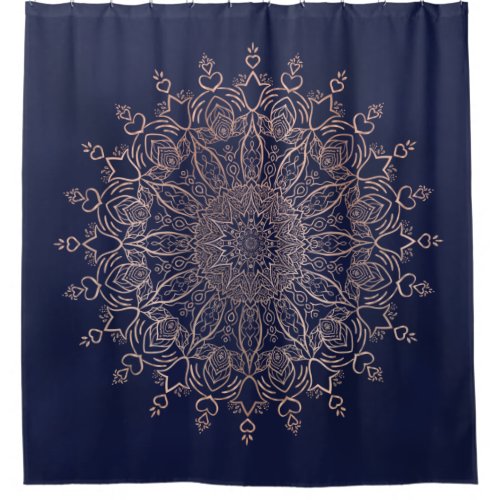 Navy Blue and Rose Gold Mandala Boho Shower Curtain