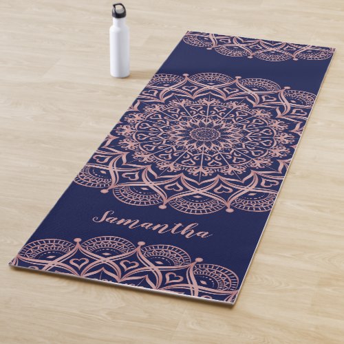 Navy Blue and Rose Gold Mandala Monogrammed Yoga Mat