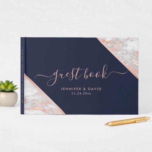 Navy Blue and Rose Gold Marble Wedding Guest Book