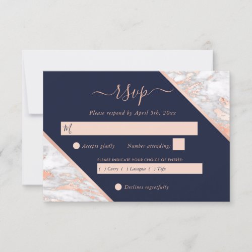 Navy Blue and Rose Gold Marble Wedding RSVP Cards