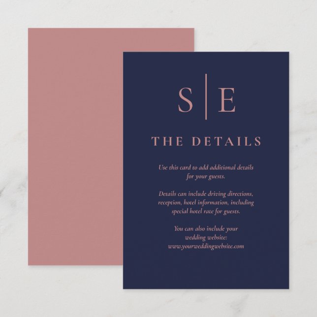 Navy Blue And Rose Gold Monogram Wedding Details Enclosure Card (Front/Back)