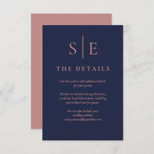 Navy Blue And Rose Gold Monogram Wedding Details Enclosure Card
