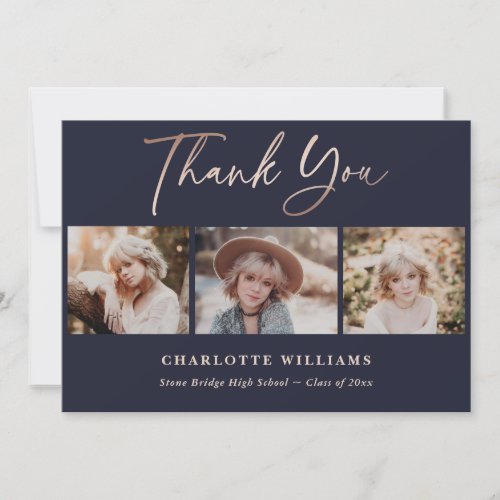 Navy Blue and Rose Gold Photo Collage Graduation Thank You Card