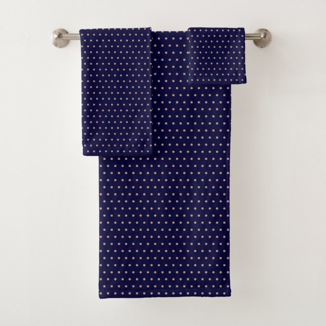 Navy Blue and Rose Gold Textured Polka Dot Pattern Bath Towel Set (Insitu)