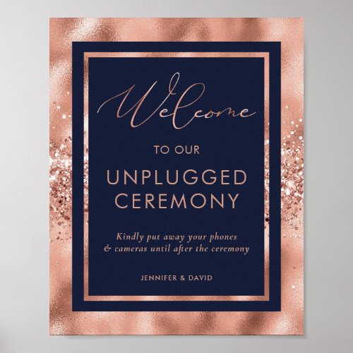 Navy Blue and Rose Gold Unplugged Ceremony Sign