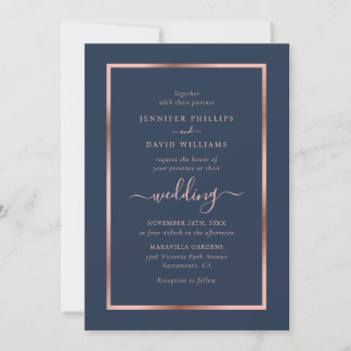 Navy Blue and Rose Gold Wedding Invitation