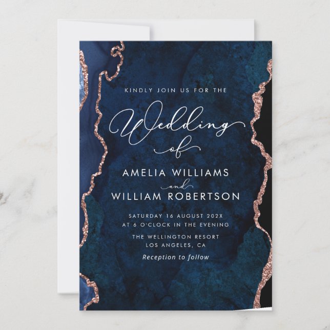 navy blue and rose gold wedding invitation (Front)