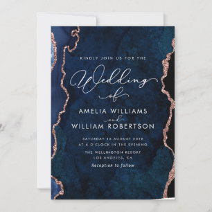 navy blue and rose gold wedding invitation