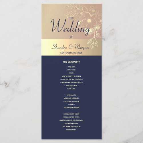 Navy Blue and Rose Gold Wedding Program