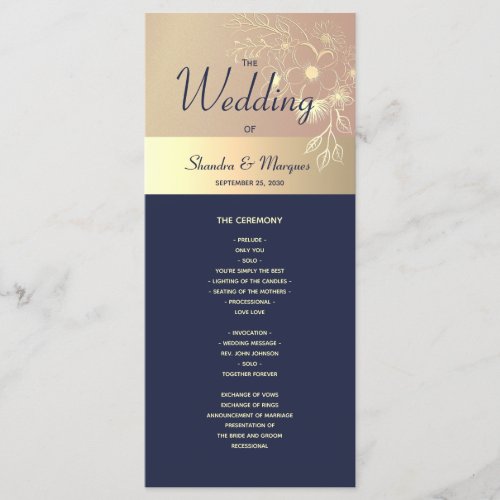Navy Blue and Rose Gold Wedding Program