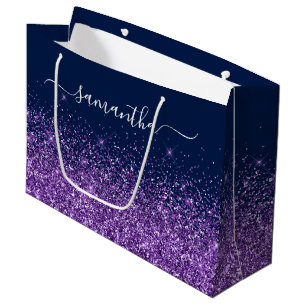 Navy Blue and Royal Purple Glitter Elegant Name Large Gift Bag