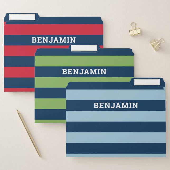 Navy Blue and Rugby Stripes with Custom Name File Folder (Set)