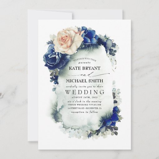 Navy Blue and Rust Copper Floral Boho Wedding Invitation | Zazzle