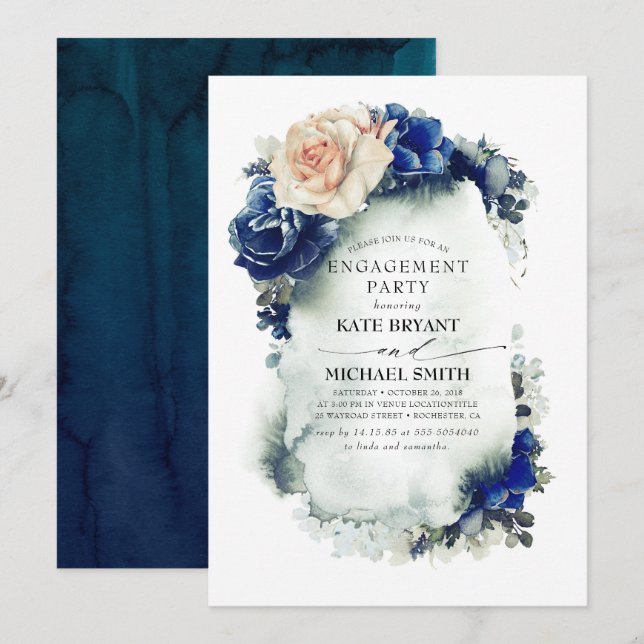 Navy Blue and Rust Floral Modern Engagement Party Invitation (Front/Back)