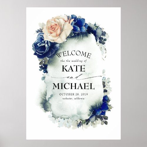 Navy Blue and Rust Floral Vintage Wedding Welcome Poster